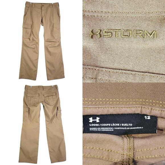 Under Armour Pants Womens Size 12 Storm Khaki Tan Cargo Straight Leg Loose - Picture 1 of 9